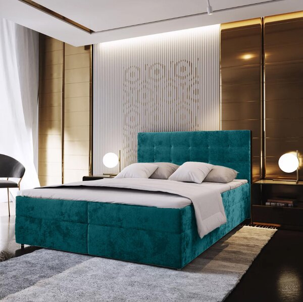 AKCIJA Opremljena postelja boxspring GLORIEN VELVET 140x200 cm turkizna II. kakovost Vzmetnica: Vzmetnica Bonell