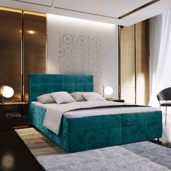 AKCIJA Opremljena postelja boxspring GLORIEN VELVET 140x200 cm turkizna II. kakovost Vzmetnica: Vzmetnica Bonell