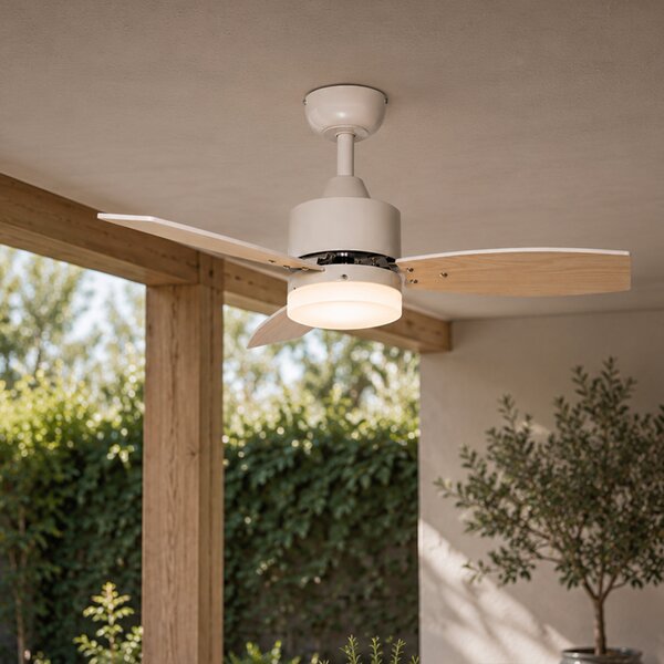 Zunanji stropni ventilator bel z lesnim potiskom 91,3 cm vklj. LED zatemnitev z daljinskim upravljalnikom IP44 - Toledo