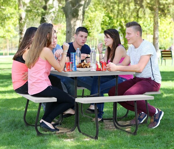 Okrogla piknik miza s 4 klopmi in odprtino za senčnik za 8 oseb, teža 900 kg, kamp miza, črna