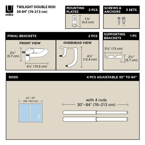 Dvojna jeklena karnisa z nastavljivo dolžino 76 - 213 cm Twilight – Umbra