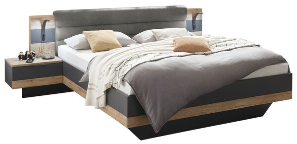 POSTELJNA GARNITURA 180 cm x 200 cm , tekstil, leseni material barve grafita, barve hrasta