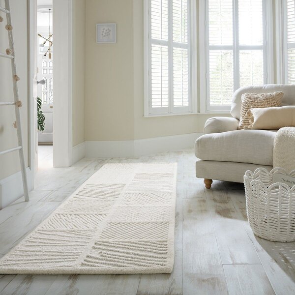 Bel ročno tkan tekač iz mešanice volne 80x230 cm Sculptured Blocks – Flair Rugs
