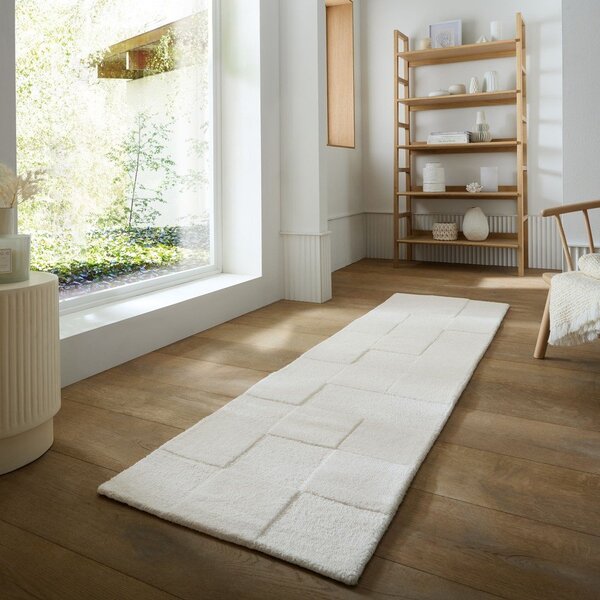 Slonokoščen ročno tkan volnen tekač 60x230 cm Checkerboard – Flair Rugs