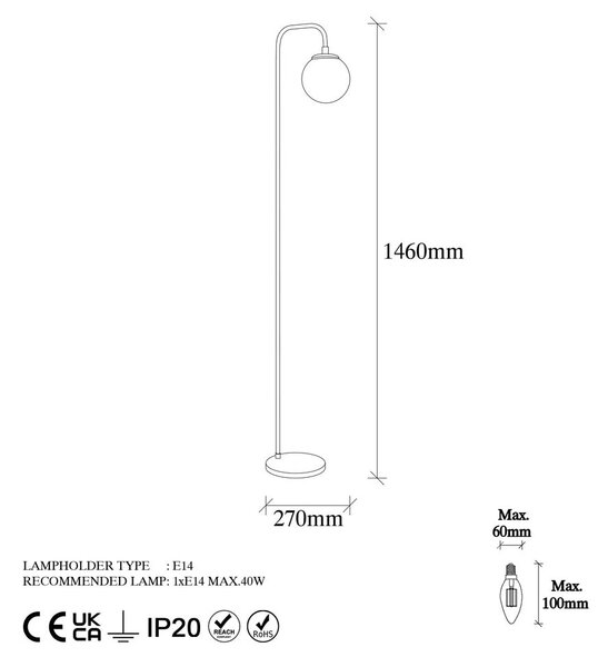 Bela/medeninasta stoječa svetilka s steklenim senčilom (višina 146 cm) Viran – Opviq lights