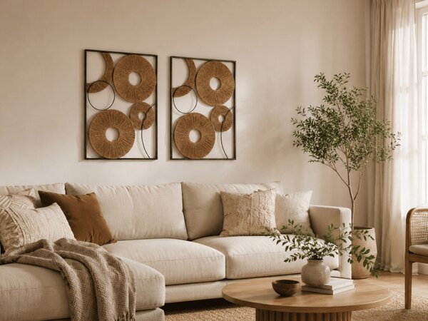 Set 2 kosov stenske dekoracije CIRCLES kovina 48x68 cm, črna / rjava
