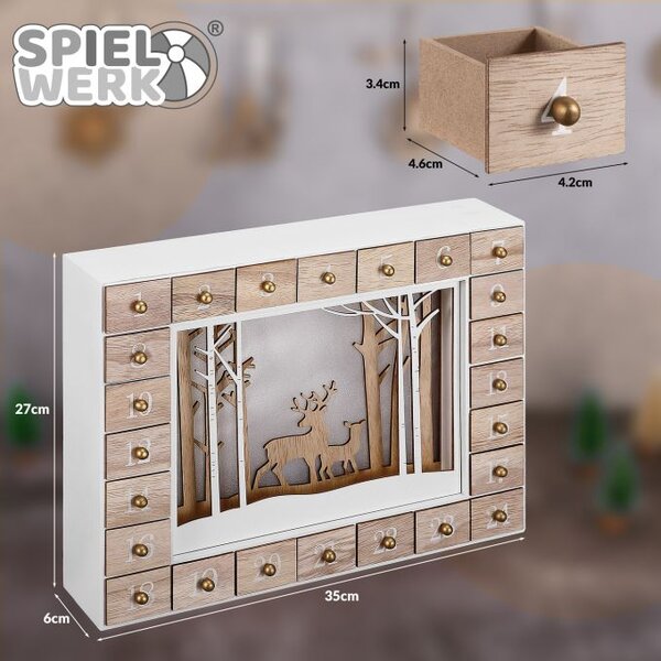 Leseni adventni koledar ZIMSKI GOZD z osvetlitvijo, 35x6x27cm, bela/rjava Spielwerk