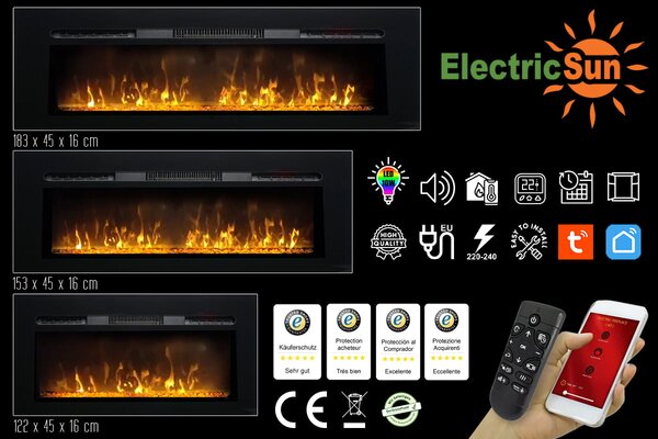 Moderni električni kamin, ElectricSun Paula GLASS Velik, črn, vgradna, stenska ali talna montaža, z ogrevanjem, 10-barvnim plamenom, z zvokom, WiFi ap