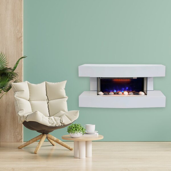 Električni zidni kamin, ElectricSun PAULA Bel, mali, z ogrevanjem, 10-barvnim plamenom, z zvokom, WiFi aplikacijo, W81xH41xD22cm