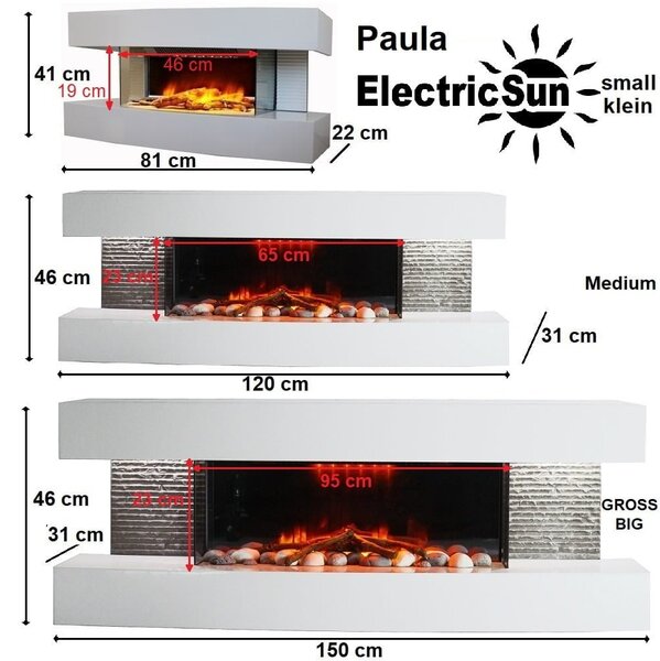 Električni zidni kamin, ElectricSun PAULA Bel, mali, z ogrevanjem, 10-barvnim plamenom, z zvokom, WiFi aplikacijo, W81xH41xD22cm