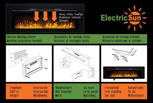 Moderni električni kamin, ElectricSun Paula GLASS Velik, črn, vgradna, stenska ali talna montaža, z ogrevanjem, 10-barvnim plamenom, z zvokom, WiFi ap
