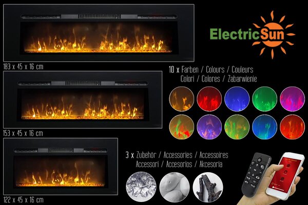 Moderni električni kamin, ElectricSun Paula GLASS Velik, črn, vgradna, stenska ali talna montaža, z ogrevanjem, 10-barvnim plamenom, z zvokom, WiFi ap
