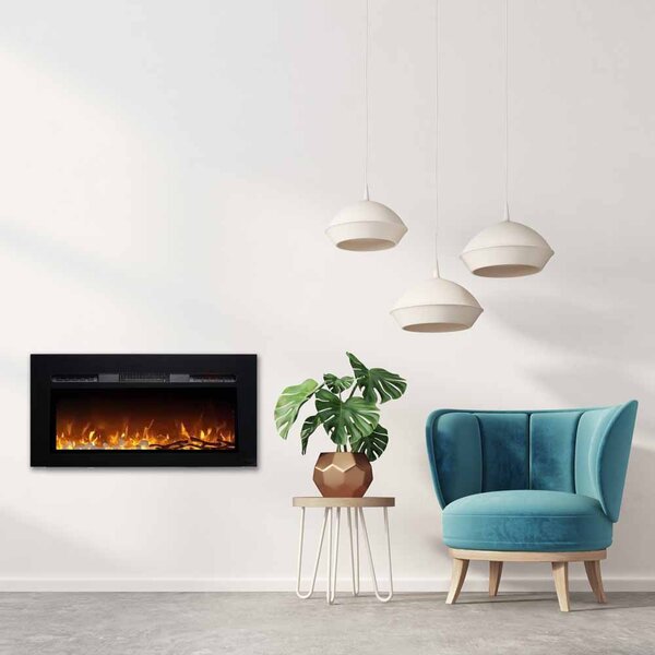 Moderni električni kamin, ElectricSun Paula GLASS XXS, črn, vgradna, stenska ali talna montaža, z ogrevanjem, 3-barvnim plamenom, W76xH45cm