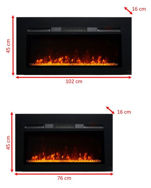 Moderni električni kamin, ElectricSun Paula GLASS XXS, črn, vgradna, stenska ali talna montaža, z ogrevanjem, 3-barvnim plamenom, W76xH45cm