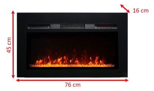 Moderni električni kamin, ElectricSun Paula GLASS XXS, črn, vgradna, stenska ali talna montaža, z ogrevanjem, 3-barvnim plamenom, W76xH45cm