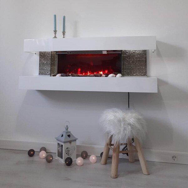 Električni zidni kamin, ElectricSun PAULA Bel, medij, z ogrevanjem, 10-barvnim plamenom, z zvokom, WiFi aplikacijo, Š120xV46xG31cm