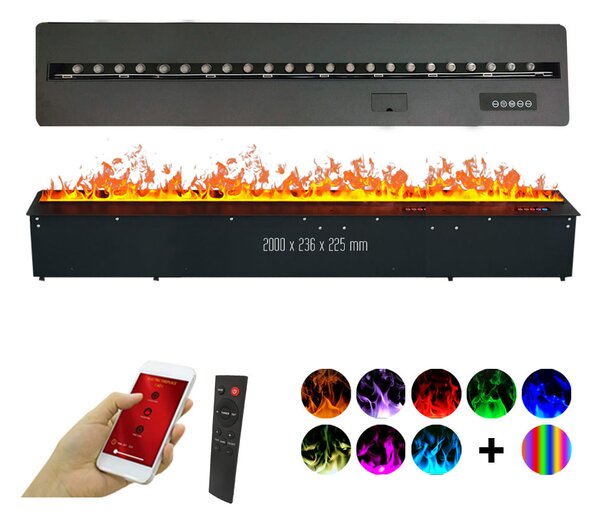 Kamin na vodno paro, ElectricSun MISTique XXL, 200 cm, 8-barvnim plamenom, z zvokom, WiFi aplikacijo