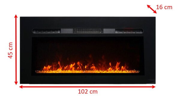 Moderni električni kamin, ElectricSun Paula GLASS XS, črn, vgradna, stenska ali talna montaža, z ogrevanjem, 10-barvnim plamenom, z zvokom, WiFi aplik