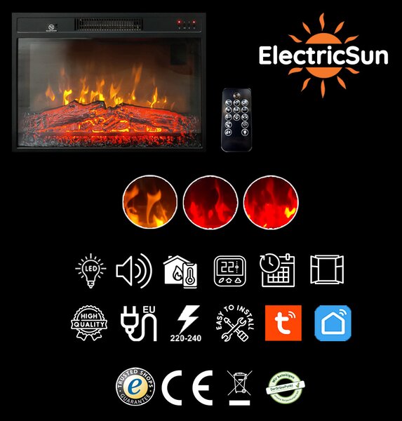 Elektricni vgradni kamin, ElectricSun 23 palcev, z ogrevanjem, 3-barvnim plamenom, z zvokom, daljinskim upravljalnikom in mobilno aplikacijo, W59xH44c