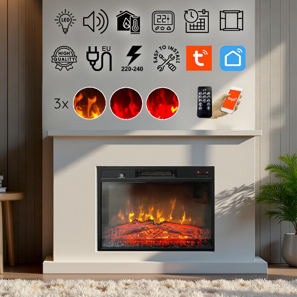 Elektricni vgradni kamin, ElectricSun 23 palcev, z ogrevanjem, 3-barvnim plamenom, z zvokom, daljinskim upravljalnikom in mobilno aplikacijo, W59xH44c