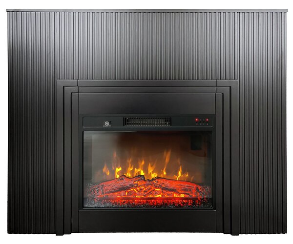 Sodobni električni kamin z lesena letvica, ElectricSun LAMELIA, črna mat, z ogrevanjem, 3-barvnim plamenom, z zvokom, daljinskim upravljalnikom in mob