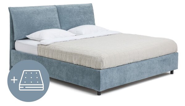 Modra oblazinjena zakonska postelja s prostorom za shranjevanje z vzmetnico in letvenim dnom 160x200 cm Myra Pillow – Bonami Selection