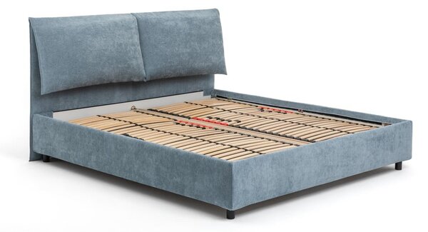 Modra oblazinjena zakonska postelja s prostorom za shranjevanje z vzmetnico in letvenim dnom 160x200 cm Myra Pillow – Bonami Selection