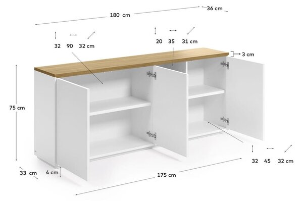 Bela komoda v hrastovem dekorju 180x75x36 cm Abilen – Kave Home