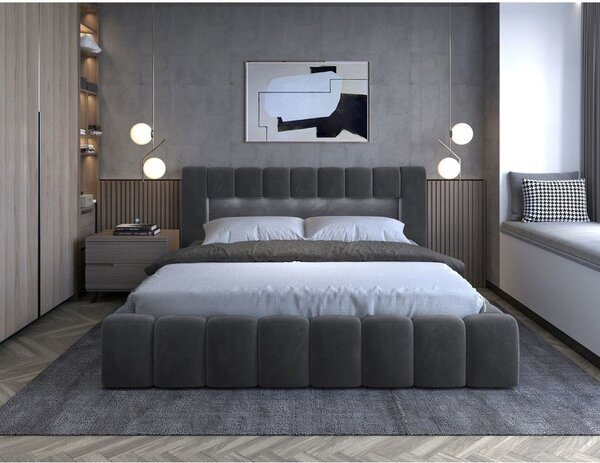 Siva oblazinjena zakonska postelja s prostorom za shranjevanje in z letvenim dnom 180x200 cm Lamica – ELTAP
