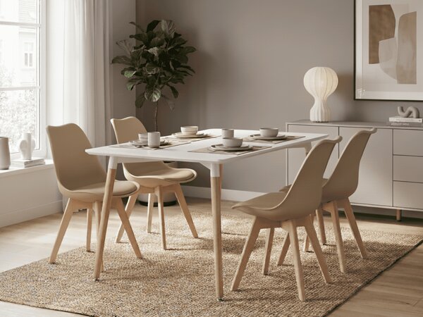 Jedilni set 1 + 4, bela miza ADRIA 120x80 cm + bež stol BALI MARK z bukovimi nogami