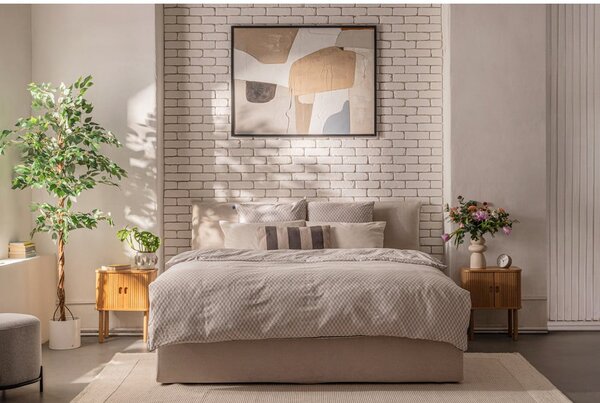 Bež oblazinjena zakonska postelja s prostorom za shranjevanje z vzmetnico in letvenim dnom 160x200 cm Thessa Pillow – Bonami Selection