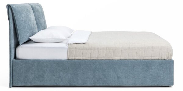 Modra oblazinjena zakonska postelja s prostorom za shranjevanje z vzmetnico in letvenim dnom 160x200 cm Thessa Pillow – Bonami Selection