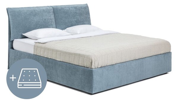 Modra oblazinjena zakonska postelja s prostorom za shranjevanje z vzmetnico in letvenim dnom 160x200 cm Thessa Pillow – Bonami Selection