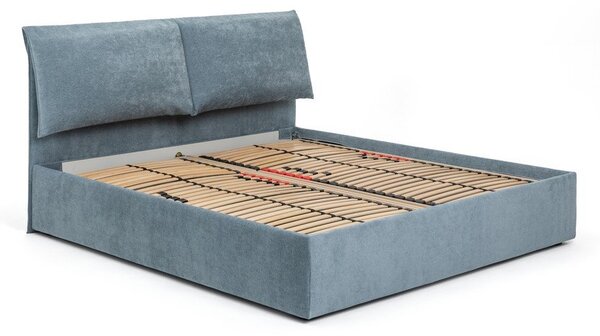 Modra oblazinjena zakonska postelja s prostorom za shranjevanje z vzmetnico in letvenim dnom 160x200 cm Thessa Pillow – Bonami Selection
