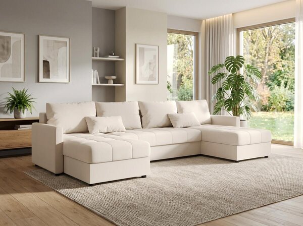 AKCIJA Raztegljiva sedežna garnitura v obliki črke U VENORIA 285x146 cm, kremna + 2 vzglavnika GRATIS II. kakovost