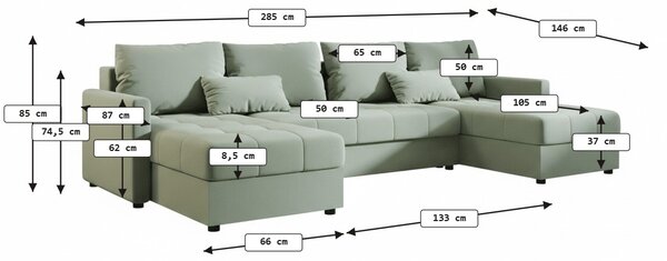 Svetlo zelena raztegljiva sedežna garnitura v obliki U VENORIA, 285x146 cm + 2 blazini GRATIS