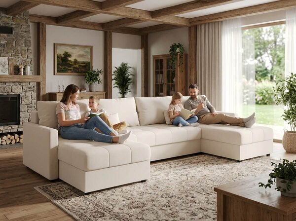 AKCIJA Raztegljiva sedežna garnitura v obliki črke U VENORIA 285x146 cm, kremna + 2 vzglavnika GRATIS II. kakovost