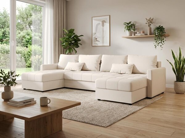 AKCIJA Raztegljiva sedežna garnitura v obliki črke U VENORIA 285x146 cm, kremna + 2 vzglavnika GRATIS II. kakovost
