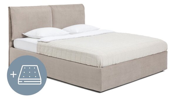 Sivorjava oblazinjena zakonska postelja s prostorom za shranjevanje z vzmetnico in letvenim dnom 160x200 cm Thessa Pillow – Bonami Selection