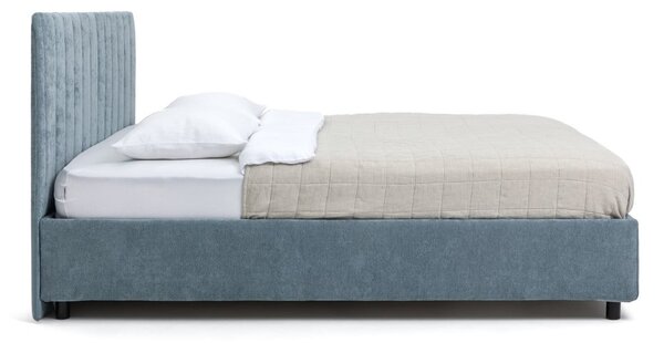 Modra oblazinjena zakonska postelja s prostorom za shranjevanje z vzmetnico in letvenim dnom 160x200 cm Myra Slim Line – Bonami Selection