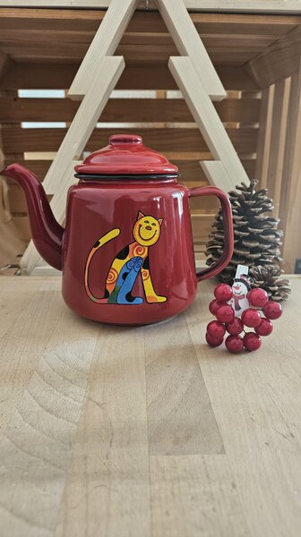 Čajnik emajliran Smaltum rdeč z muckom 1,5 l