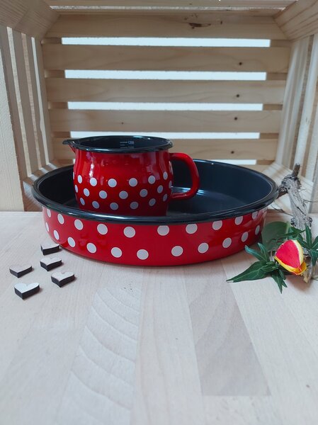Pekač okrogli rdeč z belimi pikami 30 cm