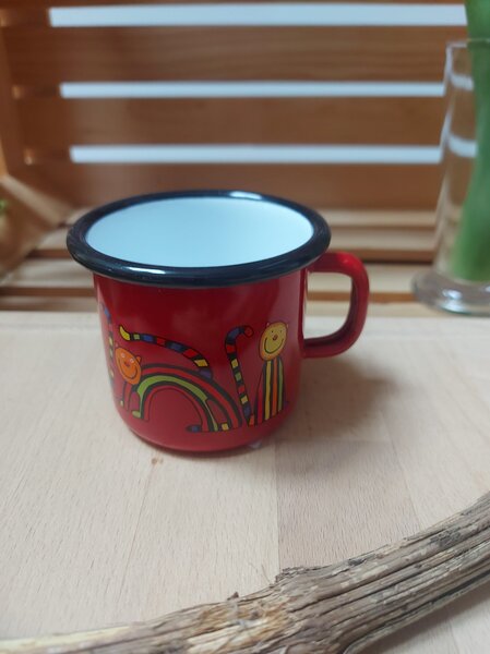 Lonček emajliran Smaltum rdeč z mucki fi 7 cm
