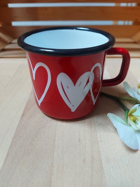 Lonček emajliran Smaltum rdeč s srčki veliki fi 8 cm