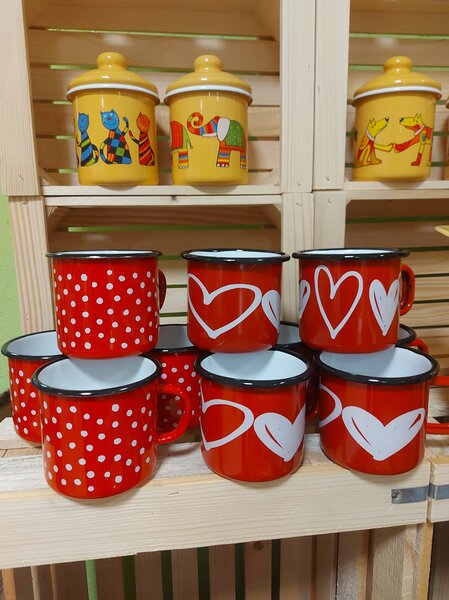 Lonček emajliran Smaltum rdeč s srčki veliki fi 8 cm