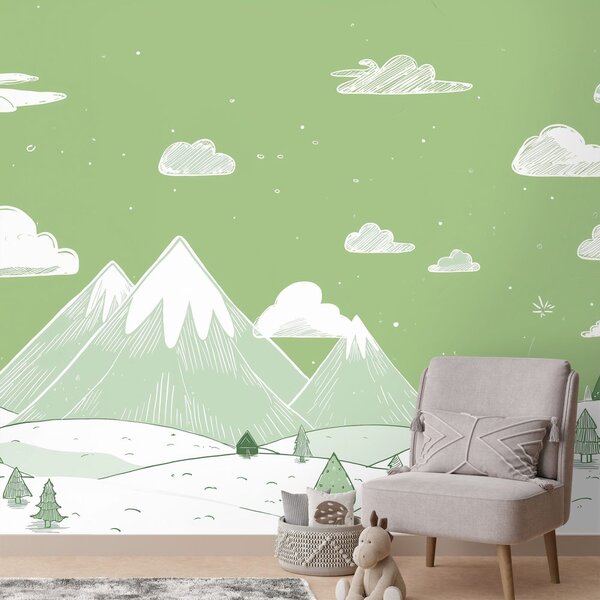 Tapeta zimska pokrajina z gorami in drevesi