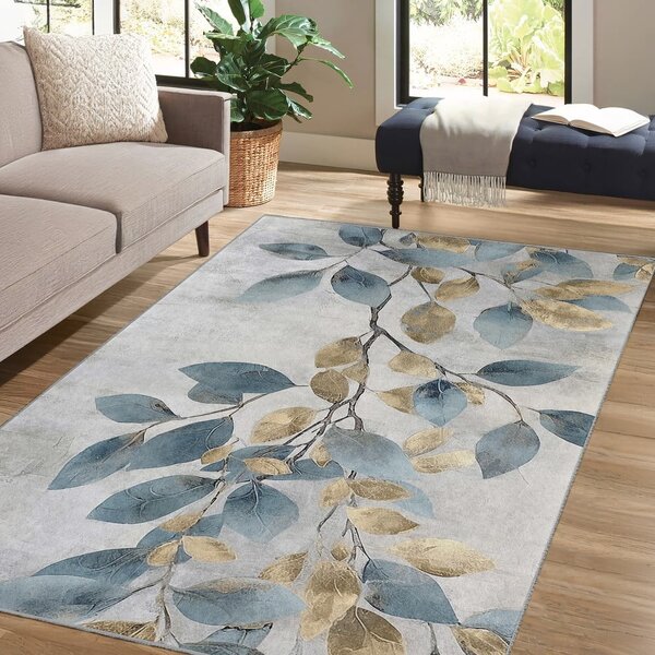 Svetlo moder/zlat pralen tekač 80x200 cm Golden Leaves – Mila Home