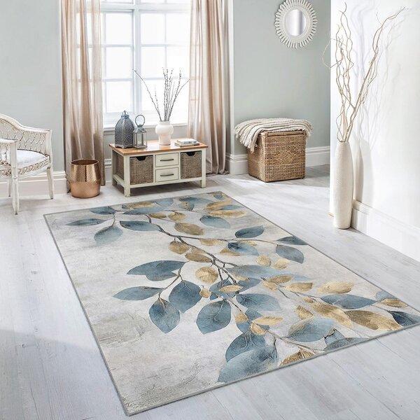 Svetlo moder/zlat pralen tekač 80x200 cm Golden Leaves – Mila Home