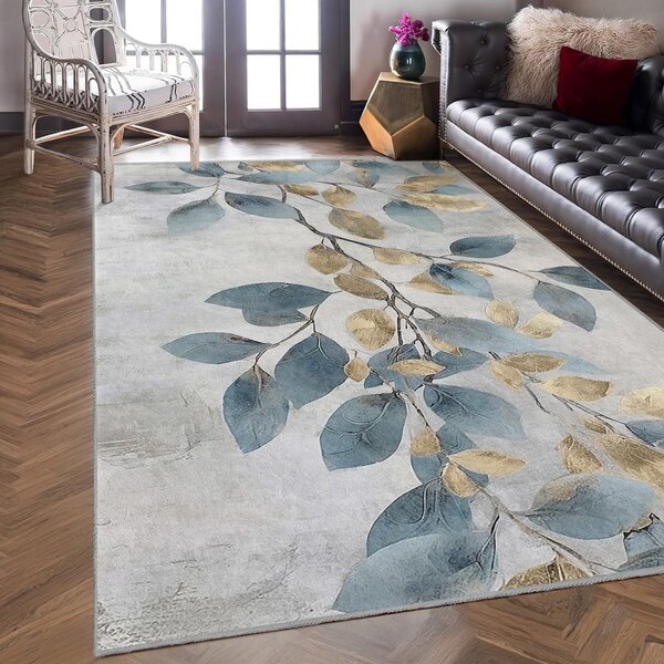 Svetlo moder/zlat pralen tekač 80x200 cm Golden Leaves – Mila Home