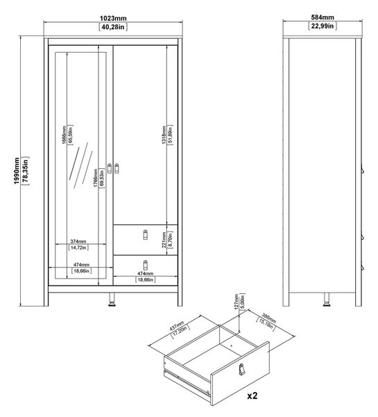 Bela garderobna omara z ogledalom 102x199x58 cm Madrid – Tvilum